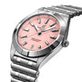 The Breitling Chronomat 32, featuring a pink dial with silver hour markers and a date window at 6 o’clock, is displayed at an angle on its iconic stainless steel Rouleaux bracelet.