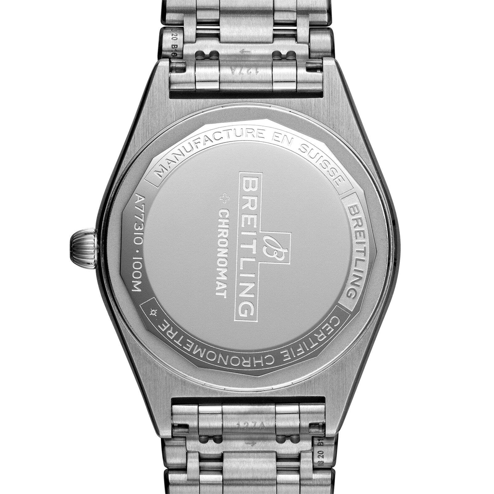 Back view of a stainless steel Breitling Chronomat 32 watch featuring an engraved caseback with model and water resistance details, attached to the signature Rouleaux bracelet.