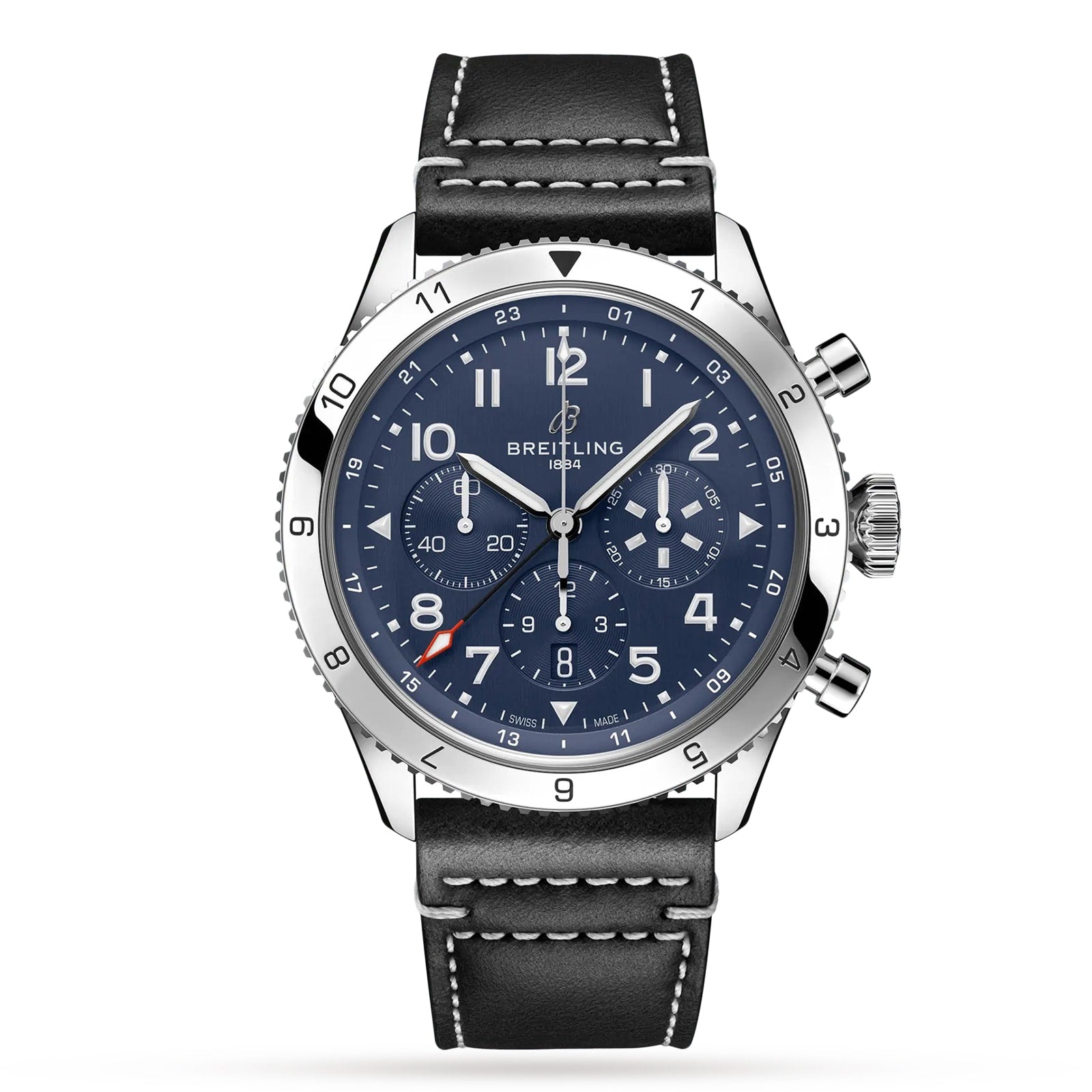 The Breitling Super AVI B04 Chronograph GMT 46 Tribute To Vought F4U is a stainless steel watch with a blue dial, three subdials, white numerals, and a black leather strap with white stitching.