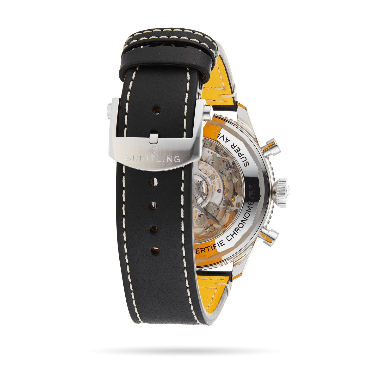 Rear view of the Breitling Super AVI B04 Chronograph GMT 46 Tribute To Vought F4U, showcasing a black leather strap with white stitching and a see-through case back that reveals the detailed inner workings.