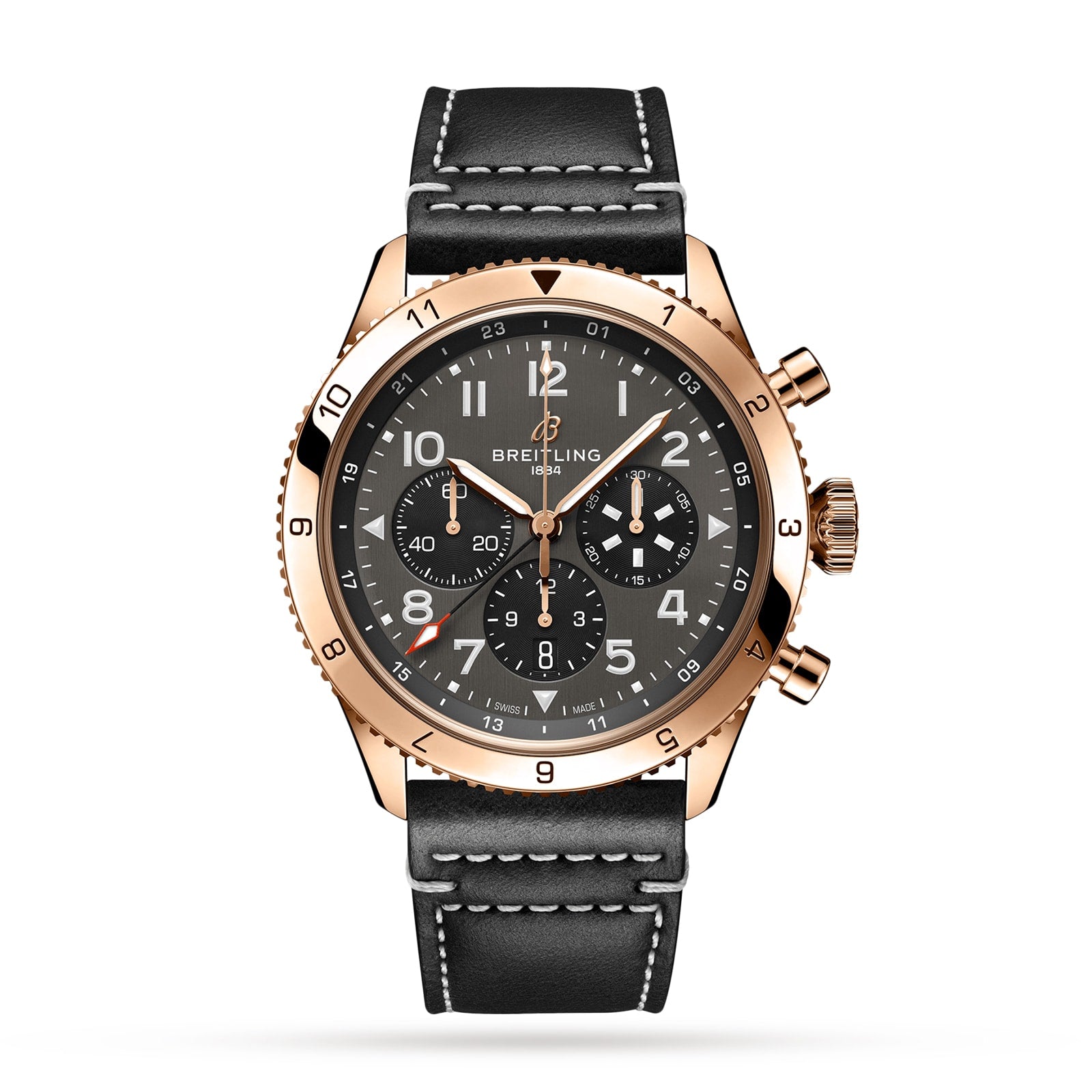The Breitling Super AVI B04 Chronograph GMT 46 P-51 Mustang features a black dial, gold case, three subdials, date window, and a black leather strap with white stitching, shown on a white background.