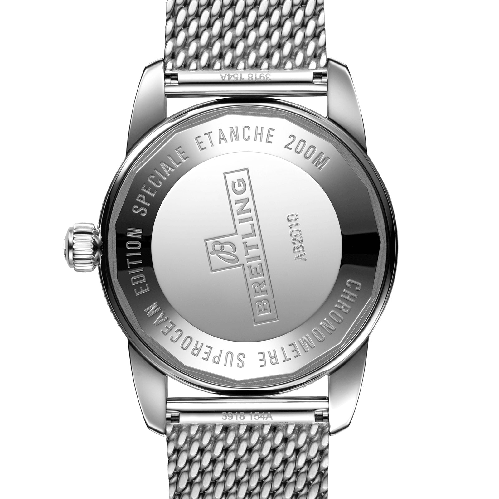 Back view of the Breitling Superocean Heritage B20 Automatic 42 diver’s watch featuring engraved details, a 200M water resistance marking, brand logo, and a mesh metal band.