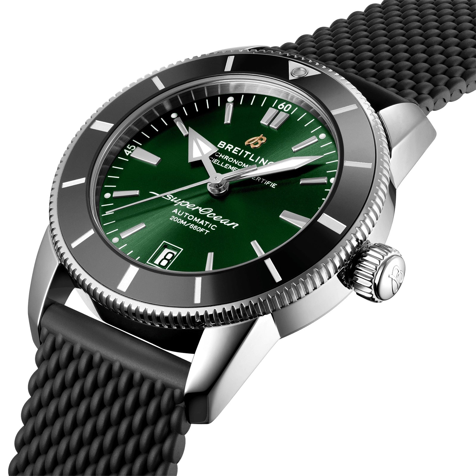 Close-up of the Breitling Superocean Heritage B20 Automatic 42, featuring a green dial, black bezel, stainless steel case, water resistance, black textured strap, and luminescent hands for better legibility.