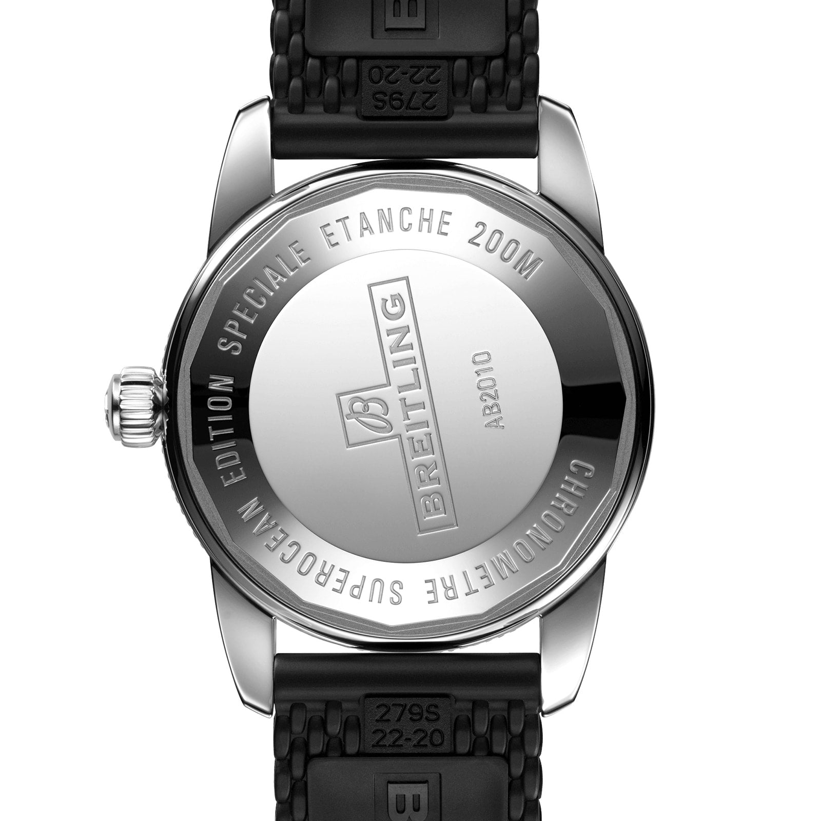 Close-up of the back of a Breitling Superocean Heritage B20 Automatic 42 watch, showing engraved details such as model number AB2010, 200m water resistance, and special edition markings.