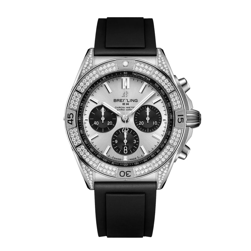 Front view of the Chronomat B01 42 showing a jeweled bezel and three subdials