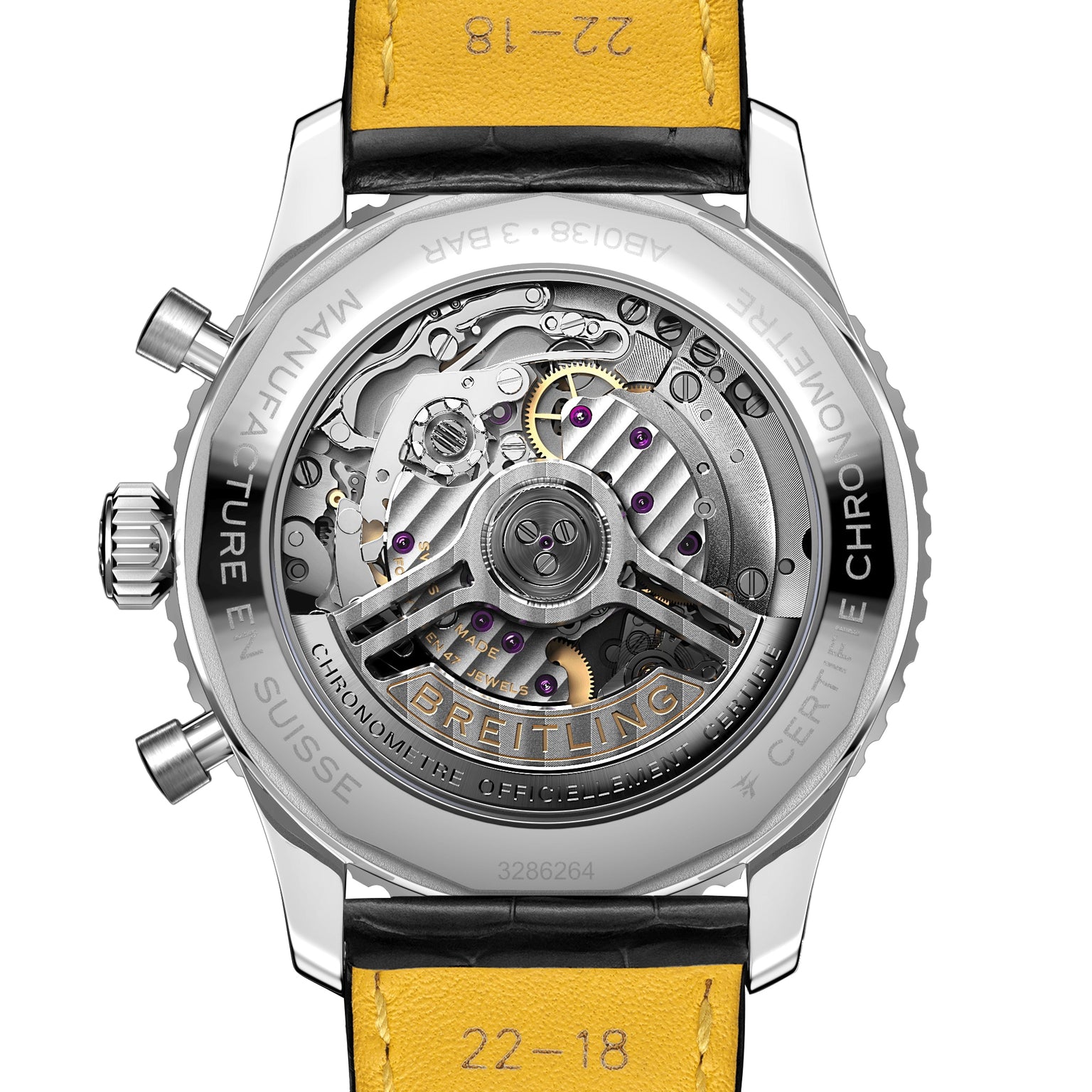 Close-up of the Breitling Navitimer B01 Chronograph 43s transparent case back, showcasing the detailed Breitling 01 calibre and labeled mechanical components inside.