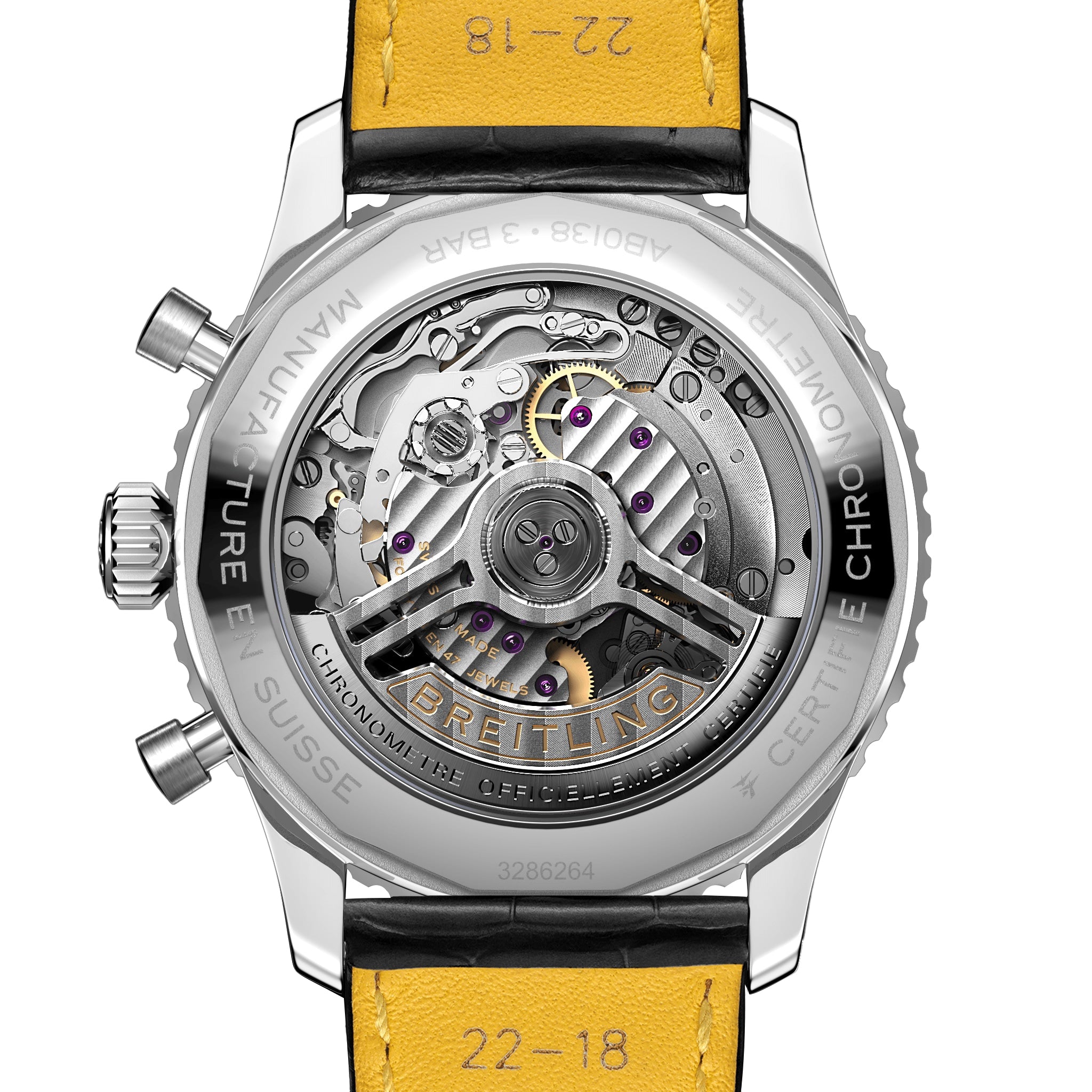 Close-up of the Breitling Navitimer B01 Chronograph 43s transparent case back, showcasing the detailed Breitling 01 calibre and labeled mechanical components inside.