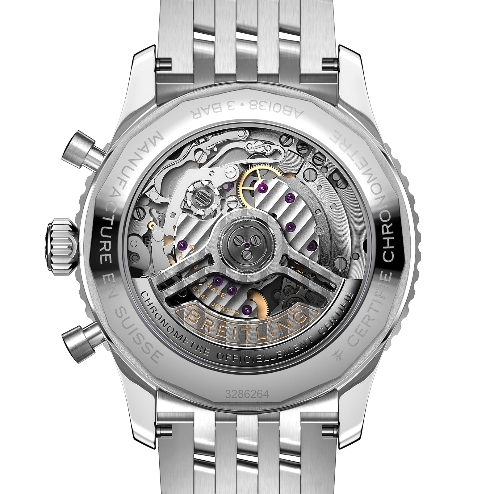 Close-up of the Navitimer B01 Chronograph 43 by Breitling, showing its exposed Breitling 01 calibre mechanical movement and stainless steel case back.