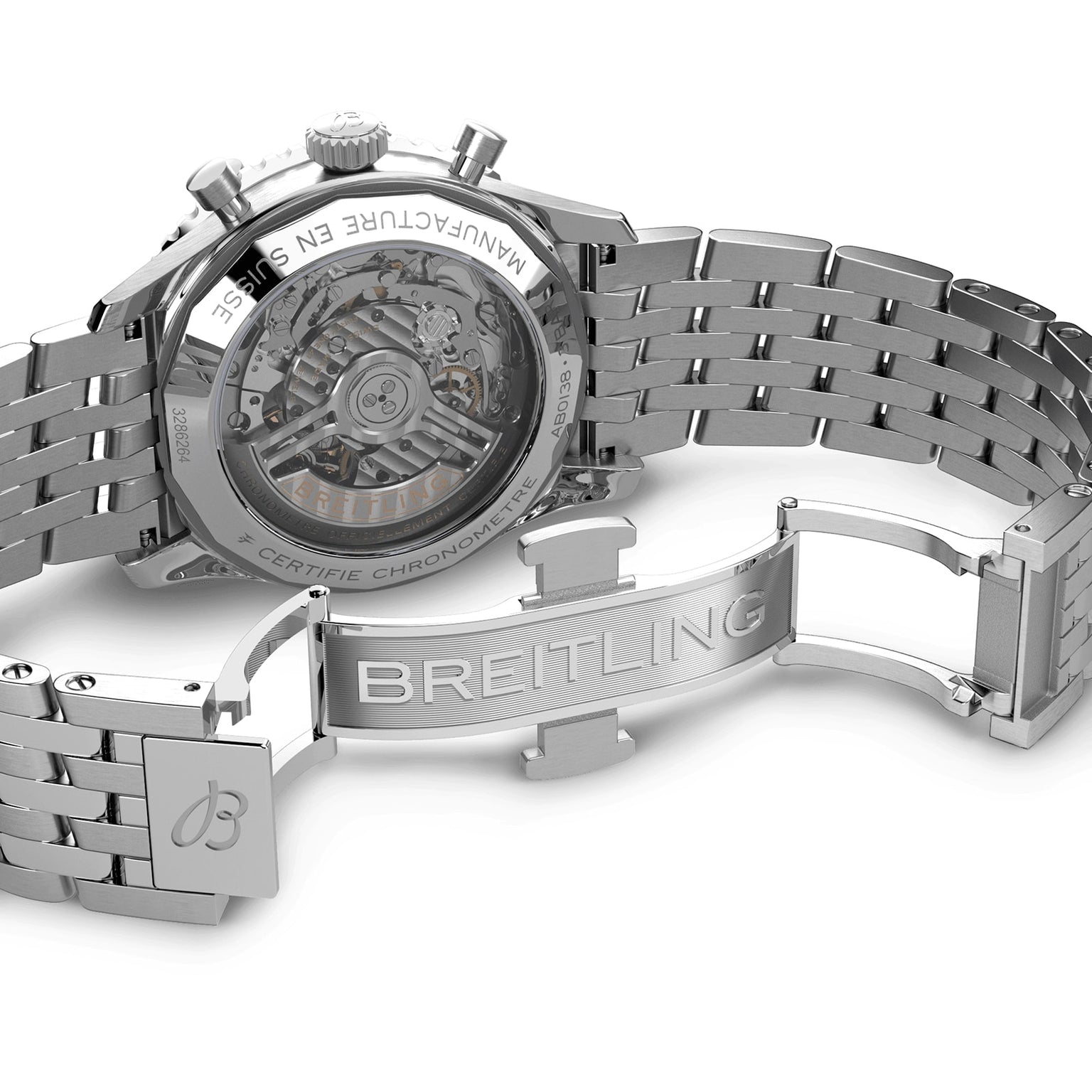 Close-up of the back of the Breitling Navitimer B01 Chronograph 43, showing the exposed Breitling 01 calibre movement, engraved details, and open clasp with the Breitling logo.