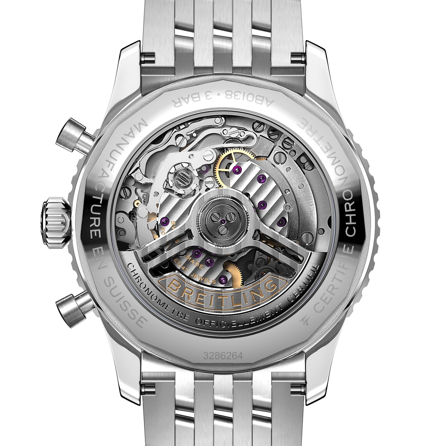 Close-up of the transparent case back of the Breitling Navitimer B01 Chronograph 43, showcasing its intricate Breitling 01 calibre movement and detailed engravings around the edge.
