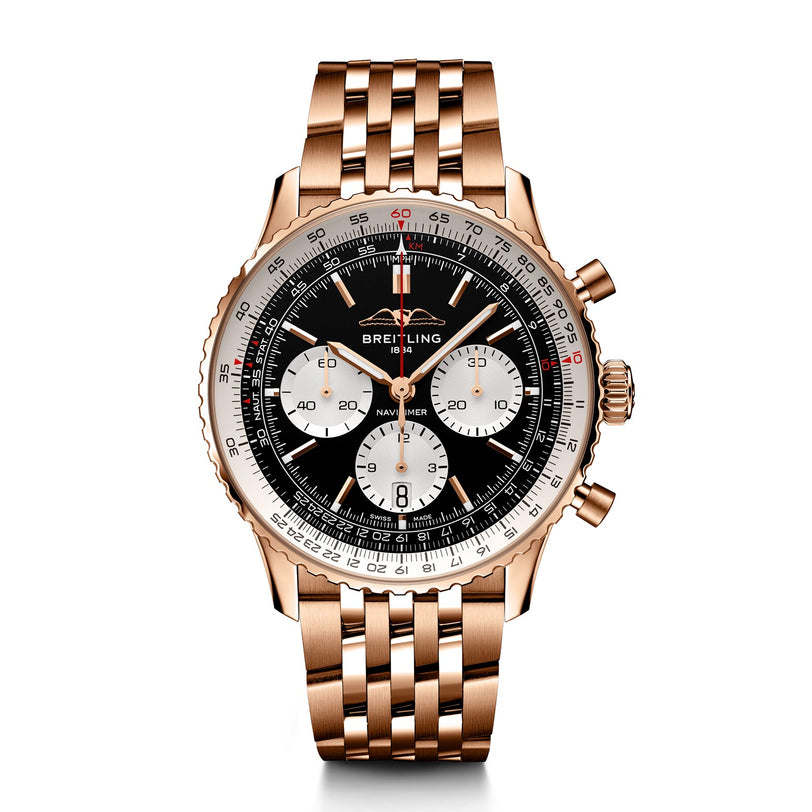 A Breitling Navitimer B01 Chronograph 43 wristwatch with a rose gold case, black dial, three silver subdials, and metal link bracelet is displayed on a white background.