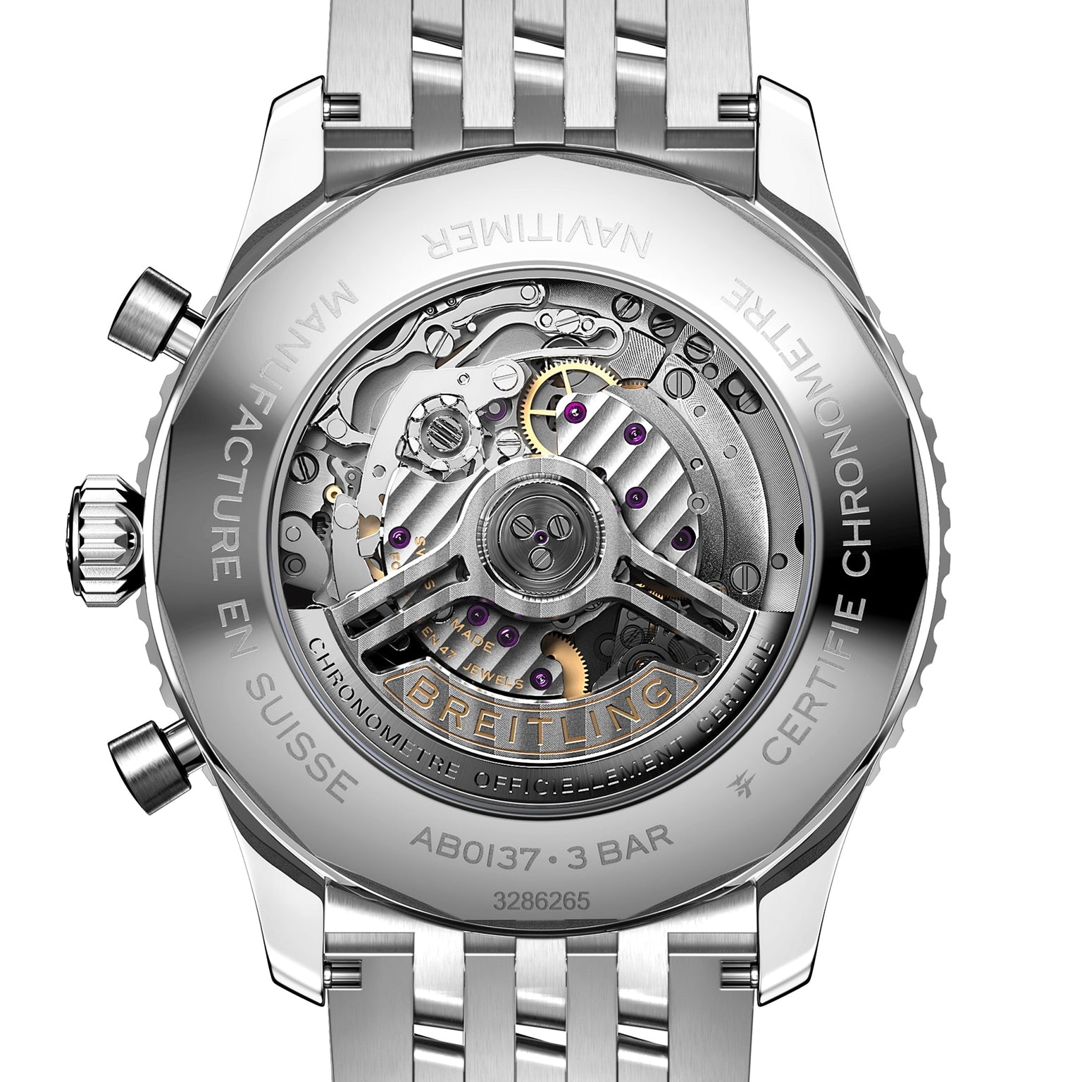 Close-up of the back of the Breitling Navitimer B01 Chronograph 46, displaying the COSC-certified Breitling 01 calibre through its transparent case back.