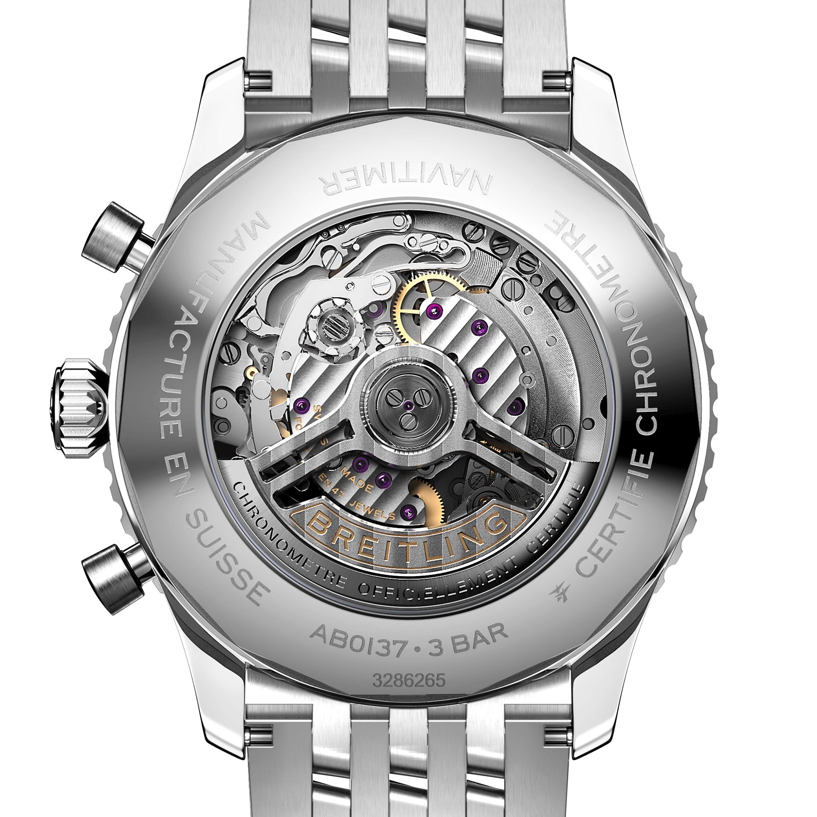 Close-up of the back of the Breitling Navitimer B01 Chronograph 46, displaying the COSC-certified Breitling 01 calibre through its transparent case back.