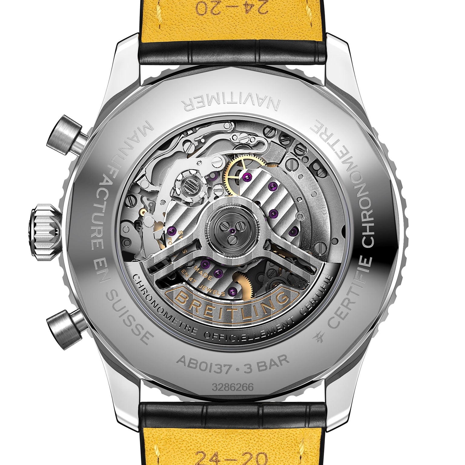 Close-up of the back of the Breitling Navitimer B01 Chronograph 46, highlighting its exposed automatic Breitling 01 calibre movement and detailed chronograph features visible through the transparent case back.