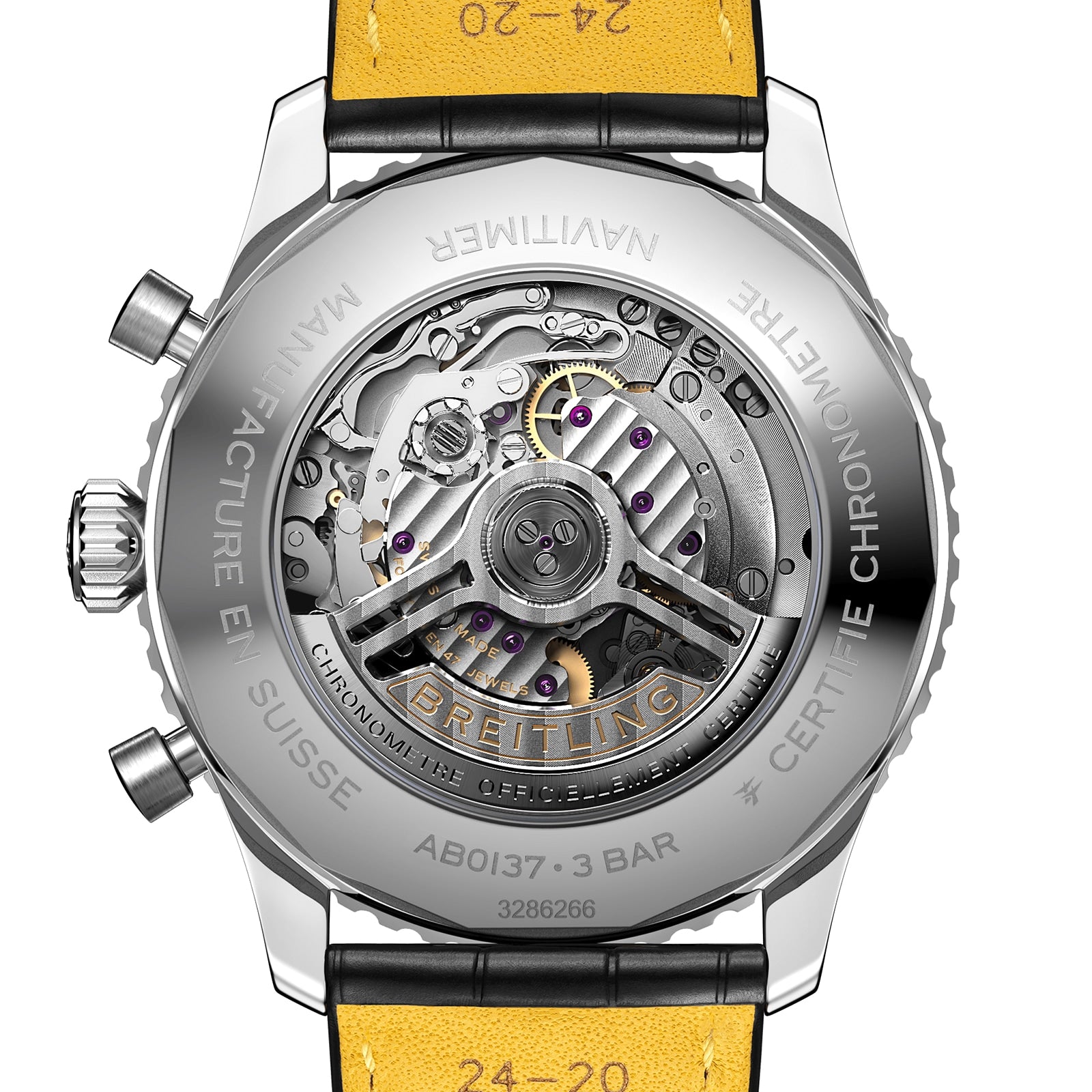 Close-up of the back of the Breitling Navitimer B01 Chronograph 46, highlighting its exposed automatic Breitling 01 calibre movement and detailed chronograph features visible through the transparent case back.