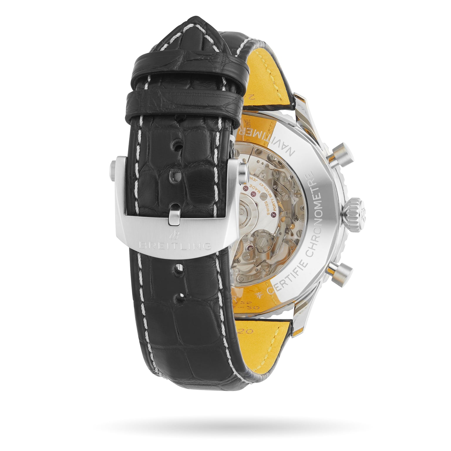 Back view of the Breitling Navitimer B01 Chronograph 46, featuring a black leather strap with visible stitching and a transparent case back displaying the Breitling 01 calibre movement.