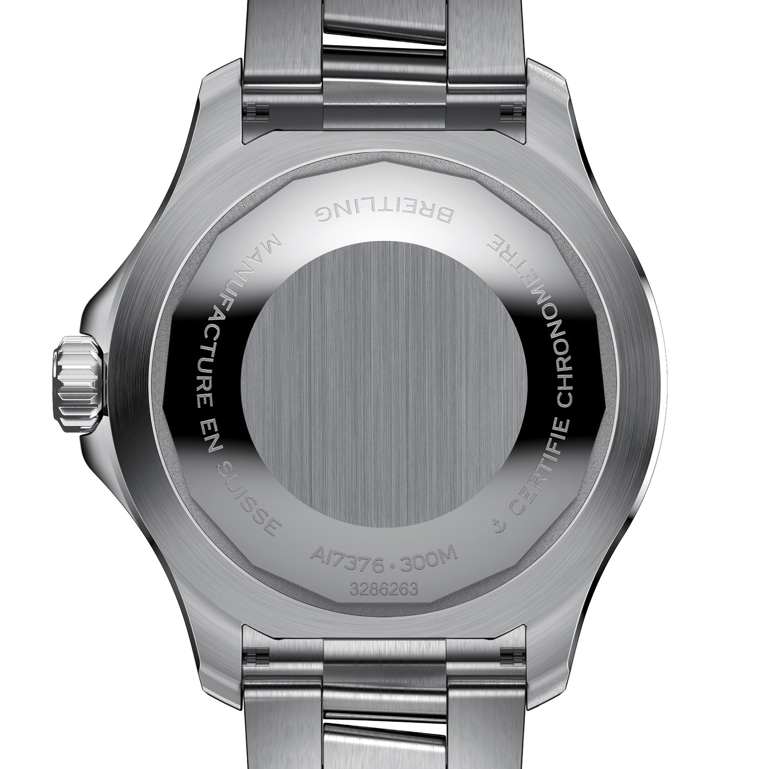 Close-up of the Breitling Superocean Automatic 44s stainless steel case back, showing engraved markings, serial number, and metal bracelet.