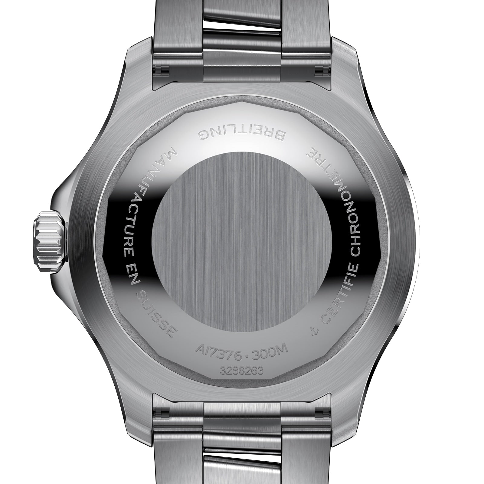 Close-up of the Breitling Superocean Automatic 44s stainless steel case back, showing engraved markings, serial number, and metal bracelet.