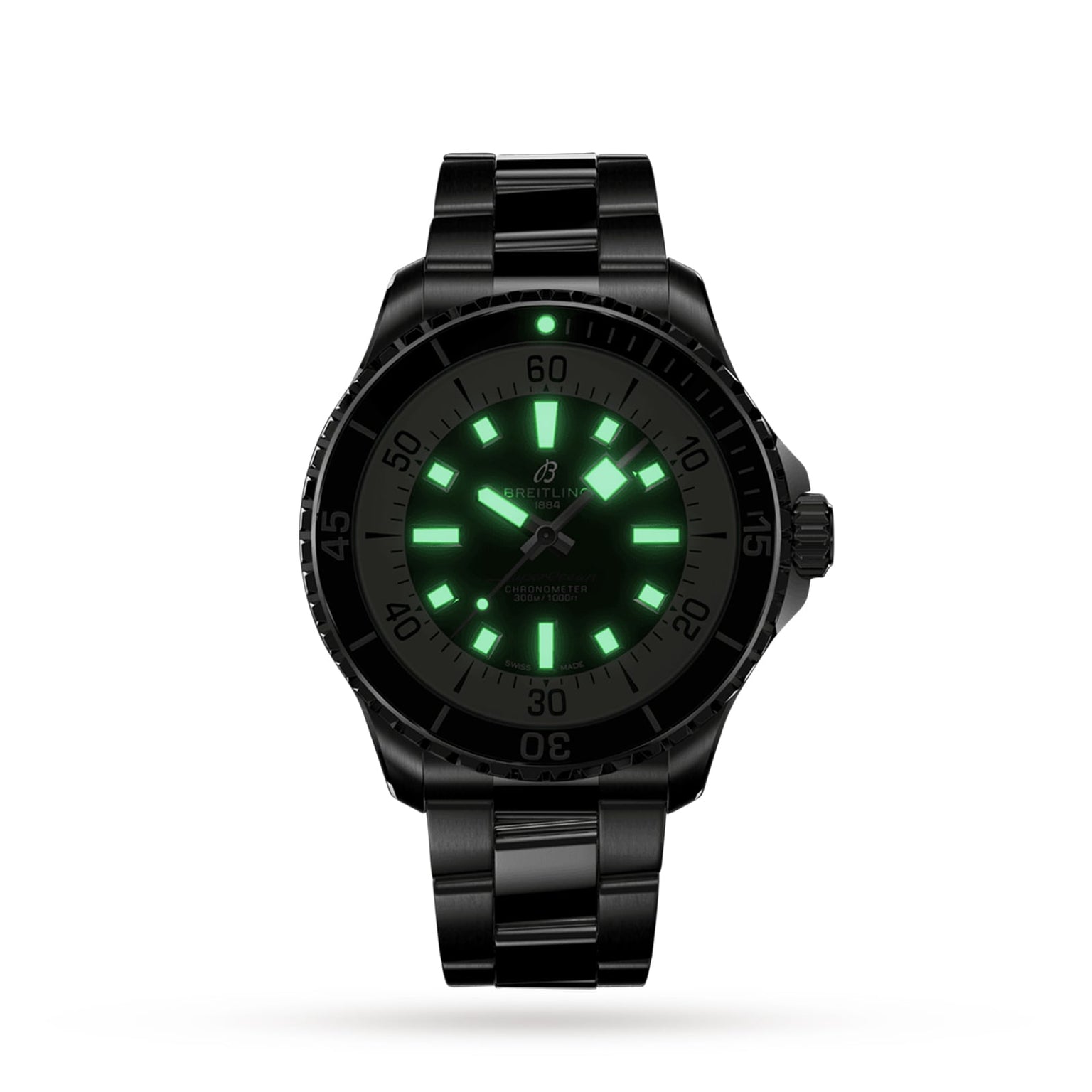 A Breitling Superocean Automatic 44 dive watch with a black dial, stainless steel case and metal band features glowing green hour markers and hands, displayed against a plain white background.