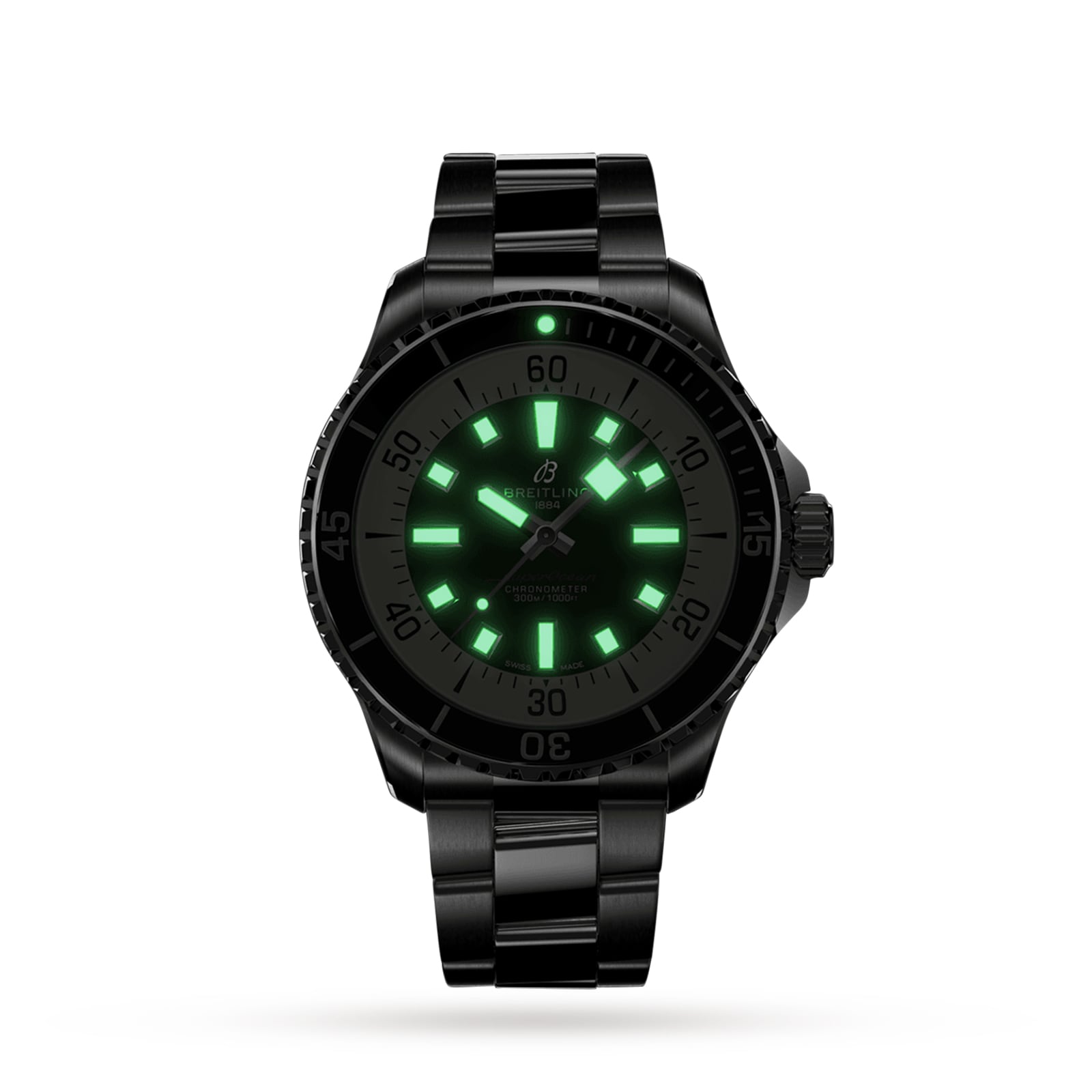 A Breitling Superocean Automatic 44 dive watch with a black dial, stainless steel case and metal band features glowing green hour markers and hands, displayed against a plain white background.