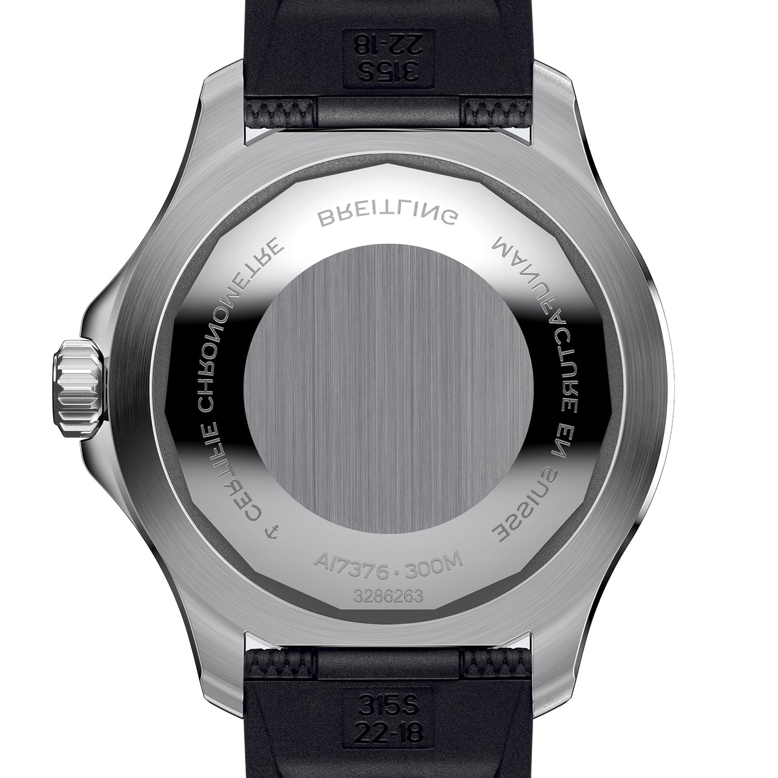 Back view of the Breitling Superocean Automatic 44 shows its brushed metal caseback with engraved model details, water resistance mark, and a black strap.