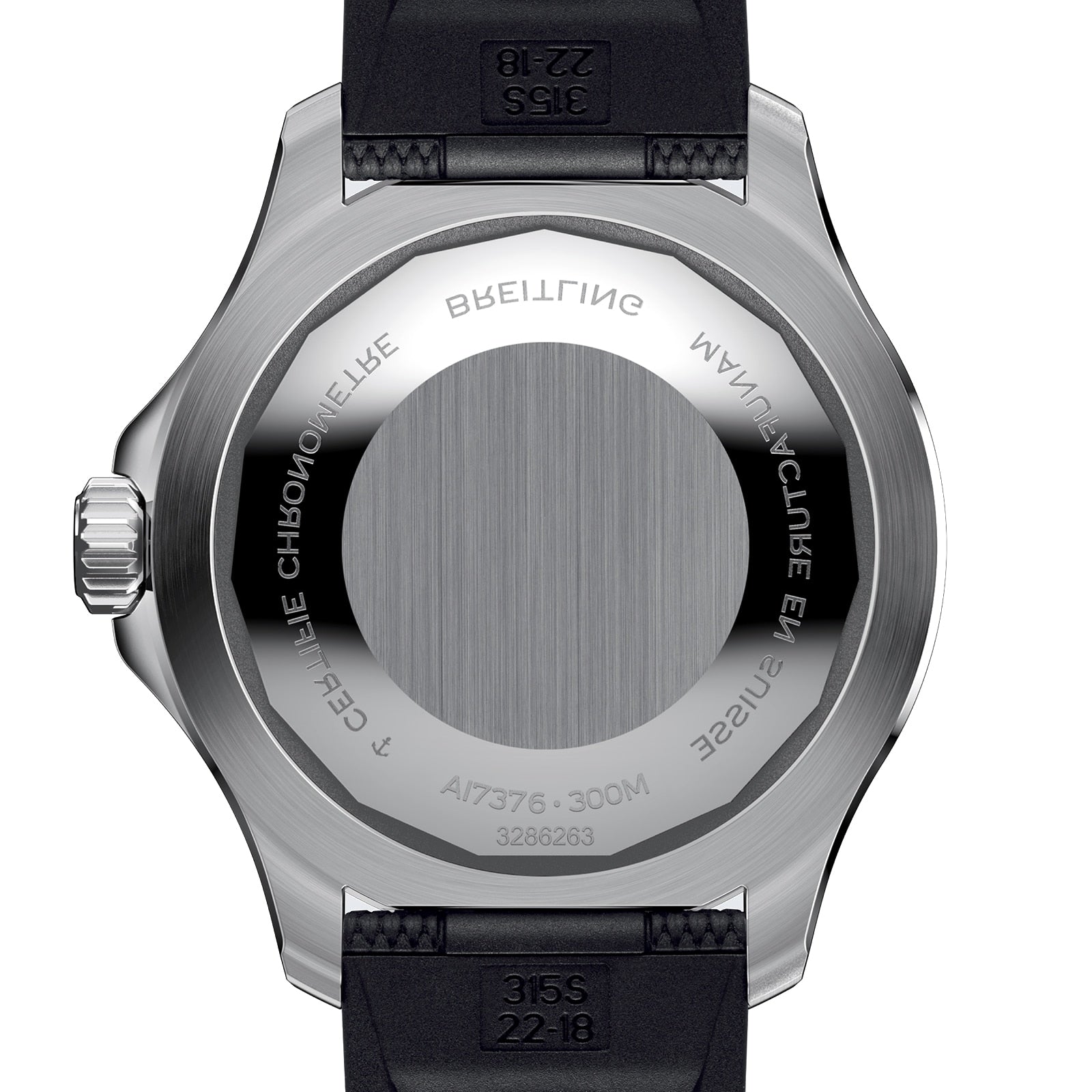 Back view of the Breitling Superocean Automatic 44 shows its brushed metal caseback with engraved model details, water resistance mark, and a black strap.