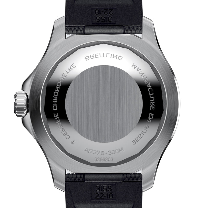 Back view of the Breitling Superocean Automatic 44 shows its brushed metal caseback with engraved model details, water resistance mark, and a black strap.