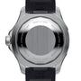 Back view of the Breitling Superocean Automatic 44 shows its brushed metal caseback with engraved model details, water resistance mark, and a black strap.