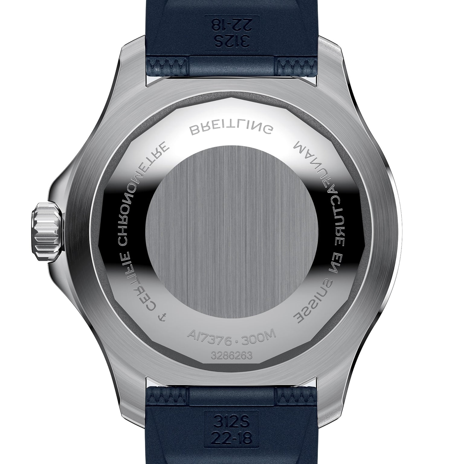 The Breitling Superocean Automatic 44 features a round stainless steel case, blue strap, and engraved back. It offers 300M water resistance and showcases the automatic Breitling 17 movement details.