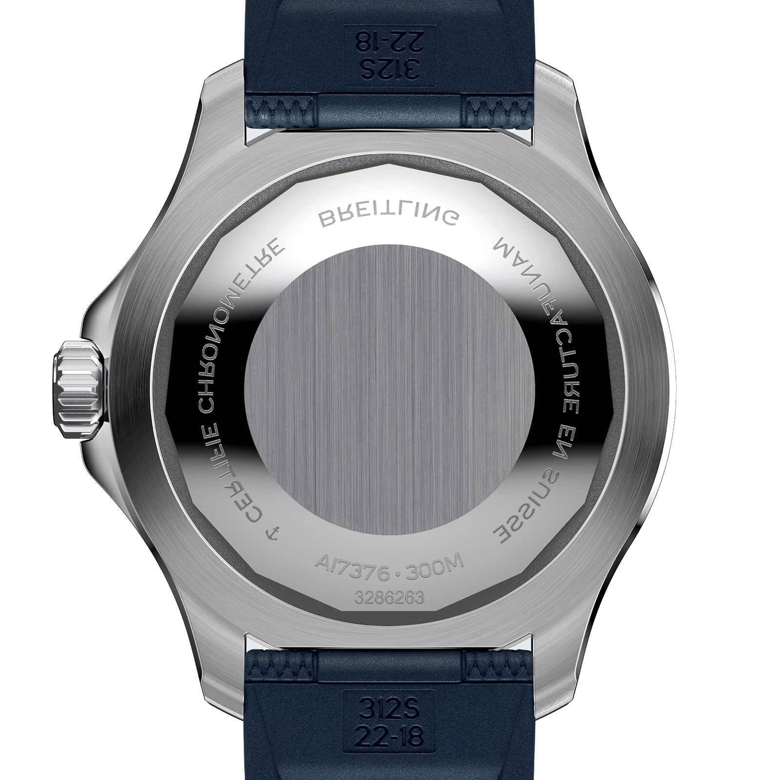 The Breitling Superocean Automatic 44 features a round stainless steel case, blue strap, and engraved back. It offers 300M water resistance and showcases the automatic Breitling 17 movement details.