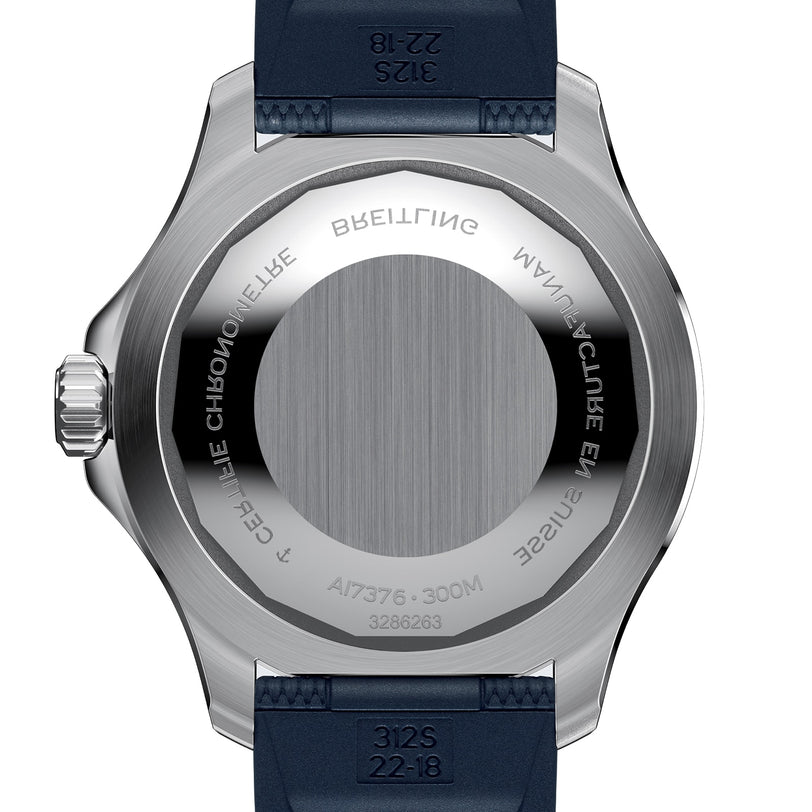 The Breitling Superocean Automatic 44 features a round stainless steel case, blue strap, and engraved back. It offers 300M water resistance and showcases the automatic Breitling 17 movement details.