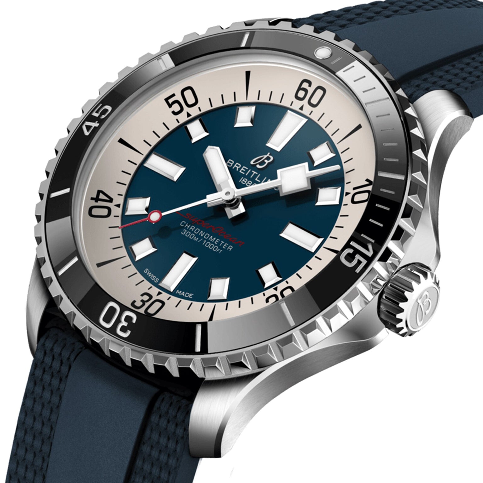 Close-up of a Breitling Superocean Automatic 44 watch with a blue dial, white and silver markers, rotating bezel, textured blue strap, and water-resistant automatic movement.