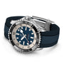 The Breitling Superocean Automatic 44 dive watch in stainless steel features a blue dial with white hour markers, a rotating bezel, and a textured blue rubber strap. Powered by the Breitling 17 automatic movement, its built for lasting water resistance.