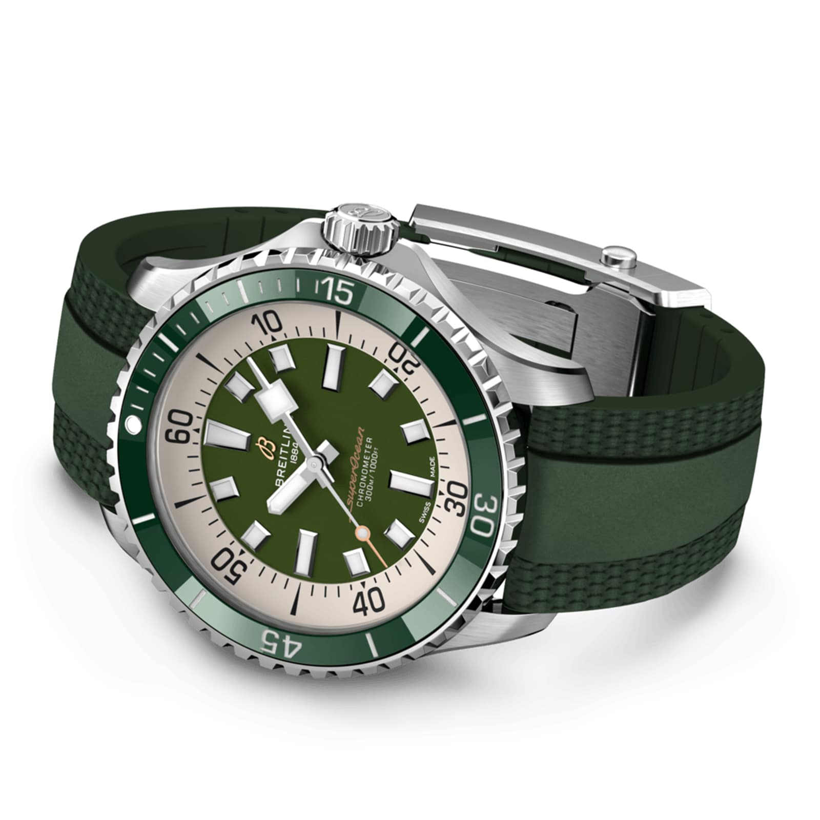 A Breitling Superocean Automatic 44 diving watch with a green and silver design and a green rubber strap is shown angled on a white background.