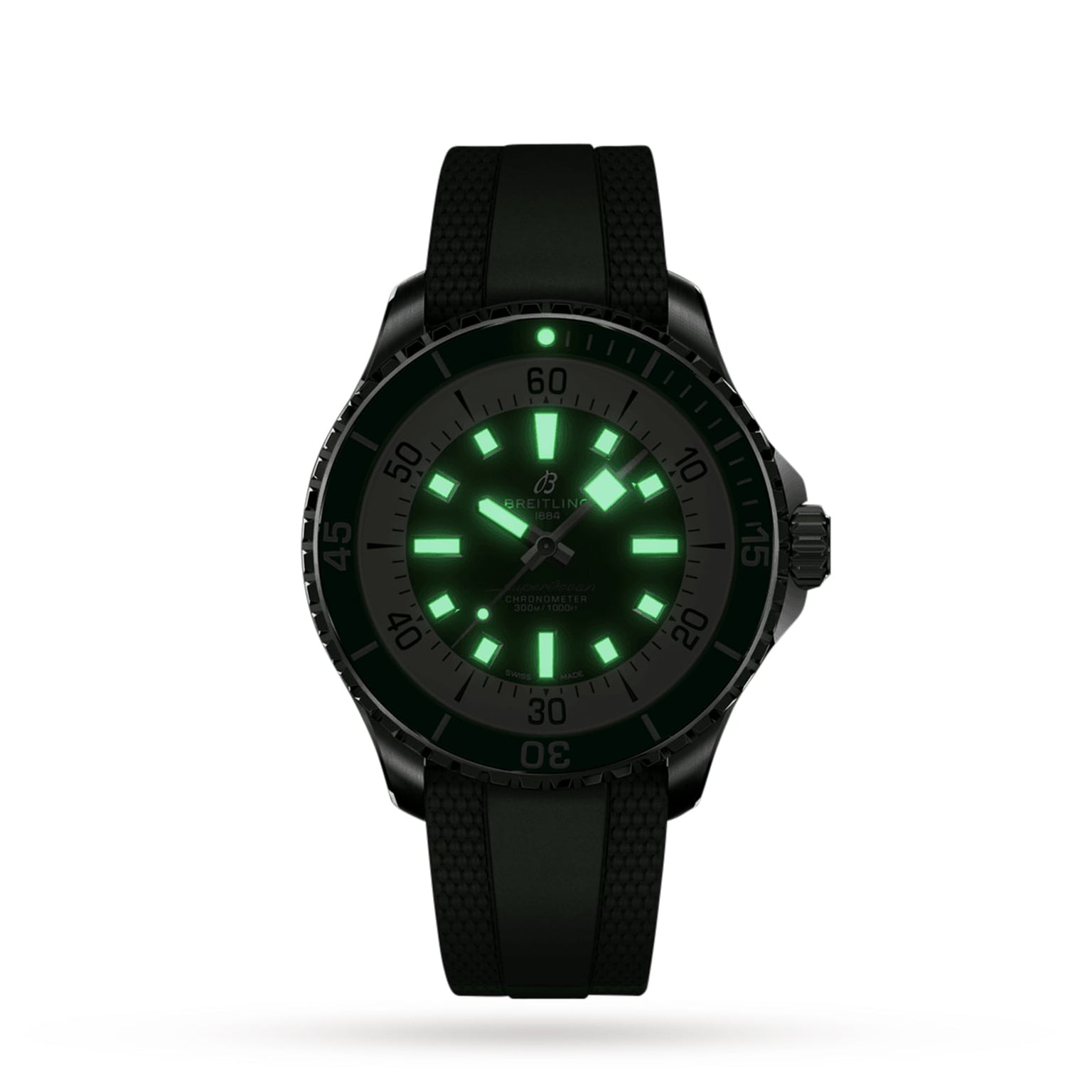 The Breitling Superocean Automatic 44 is a black diving watch with a textured band, glowing green hour markers and hands on a dark dial, and water resistance for dependable performance anywhere.
