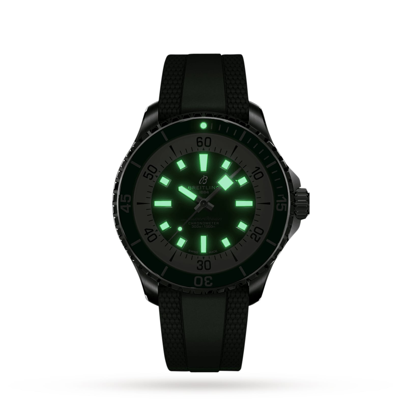 The Breitling Superocean Automatic 44 is a black diving watch with a textured band, glowing green hour markers and hands on a dark dial, and water resistance for dependable performance anywhere.