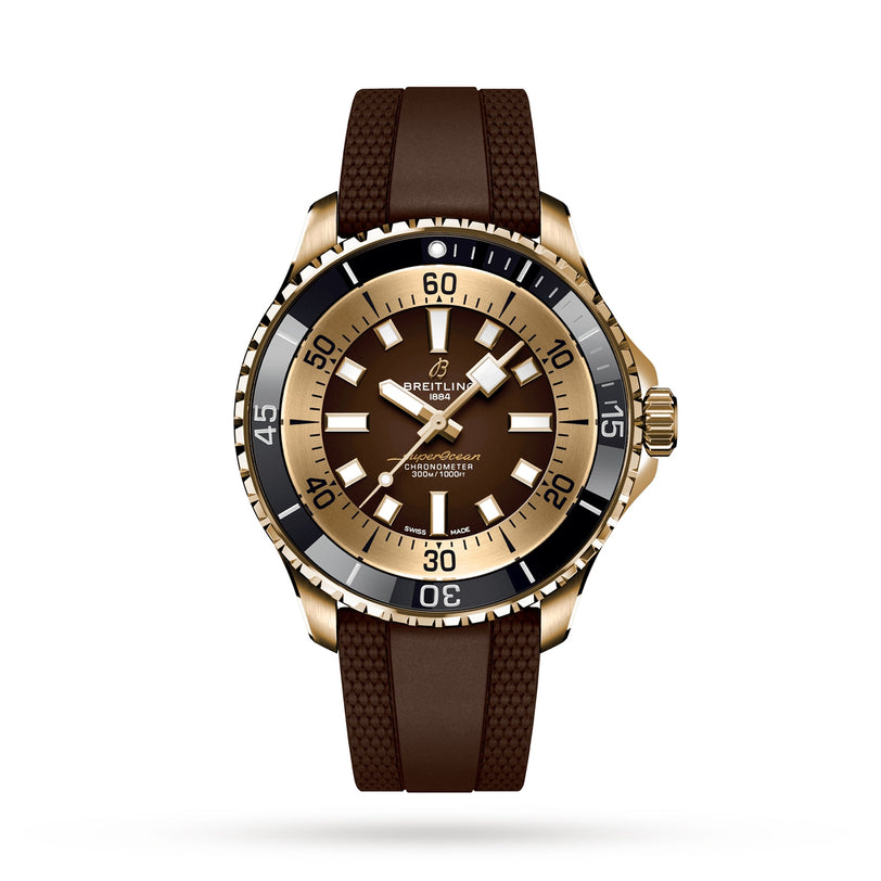 The Breitling Superocean Automatic 44, featuring a gold case, brown dial, rotating bezel, and brown textured rubber strap with water resistance, is showcased against a plain white background.