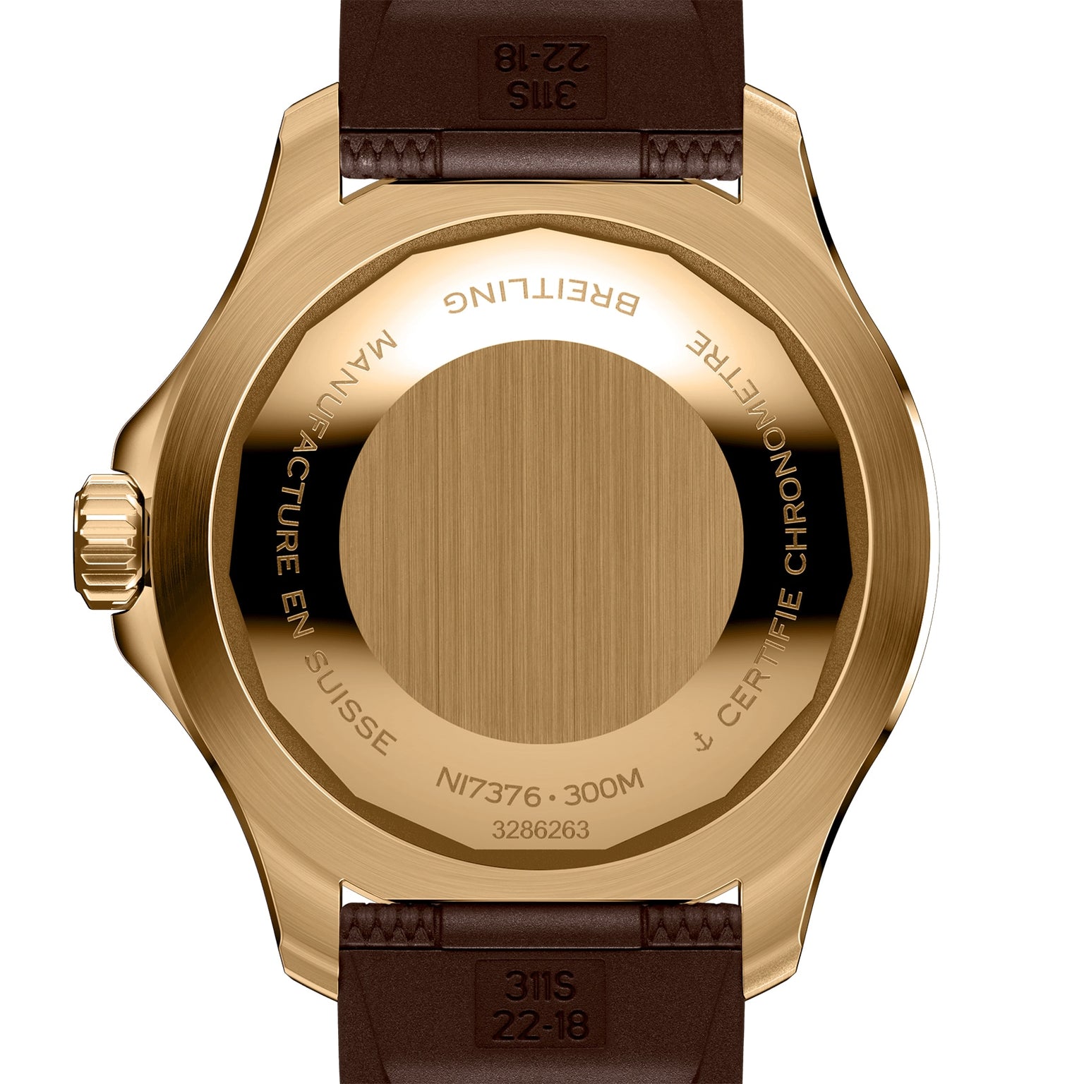 Close-up of the back of a gold Breitling Superocean Automatic 44 with engraved text, brown leather strap, and visible model and serial numbers, known for its water-resistant design.