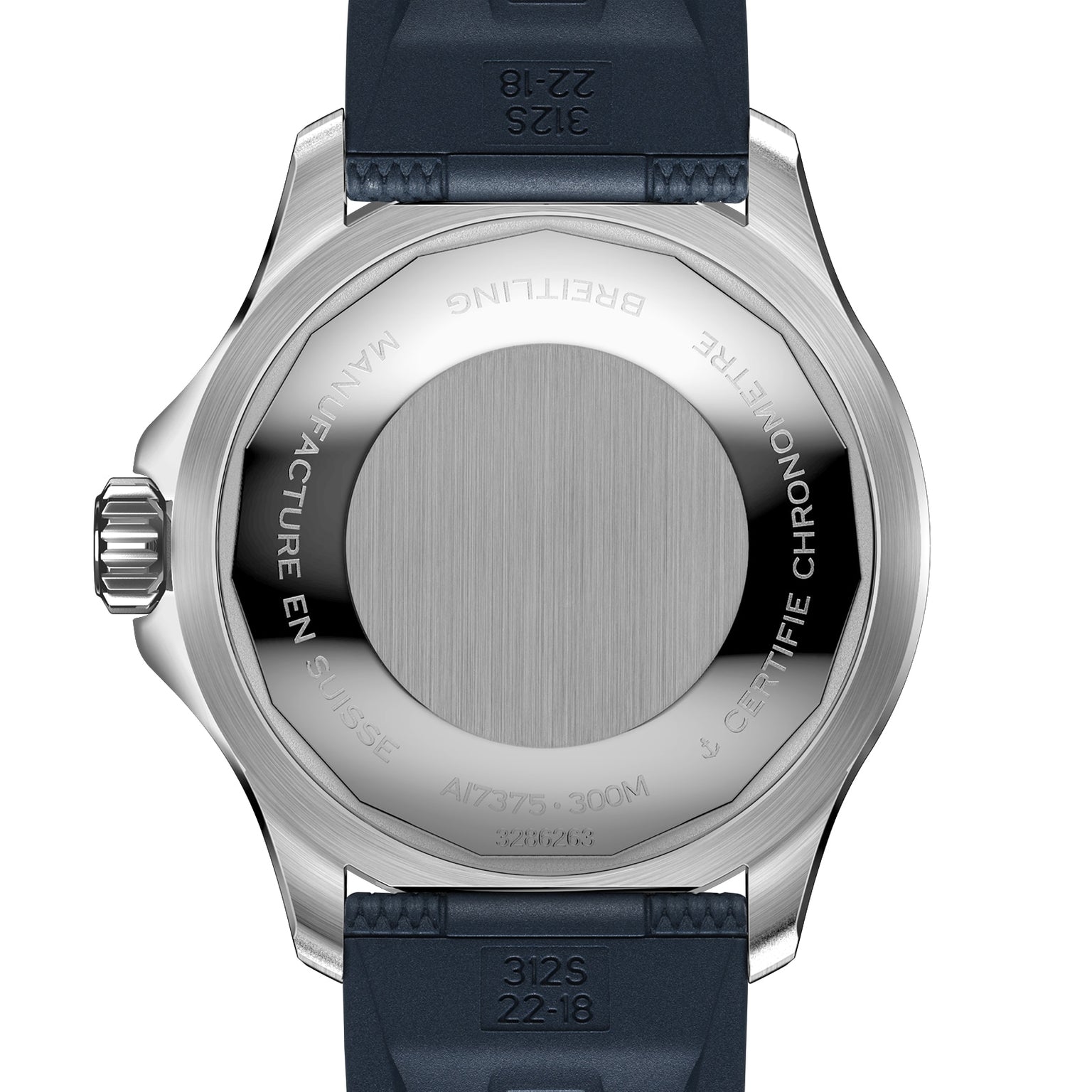 The image shows the back of a Breitling Superocean Automatic 42 watch, marked Swiss-made, water-resistant to 300m, powered by a Breitling 17 calibre, and fitted with a dark strap.