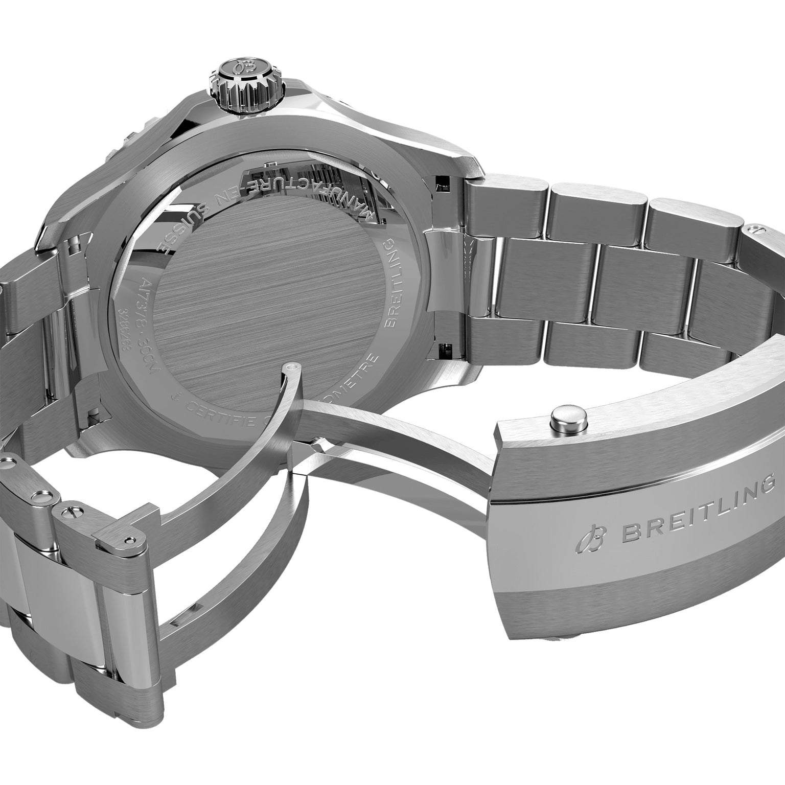 Close-up of the back and open clasp of a Breitling Superocean Automatic 46 wristwatch, highlighting engraved branding, bracelet details, and referencing the iconic 1960s Slow Motion era.