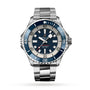 The Breitling Superocean Automatic 46, a 46mm stainless steel dive watch with a blue and white bezel, blue dial, luminous markers, and a metal link bracelet, is shown against a white background.