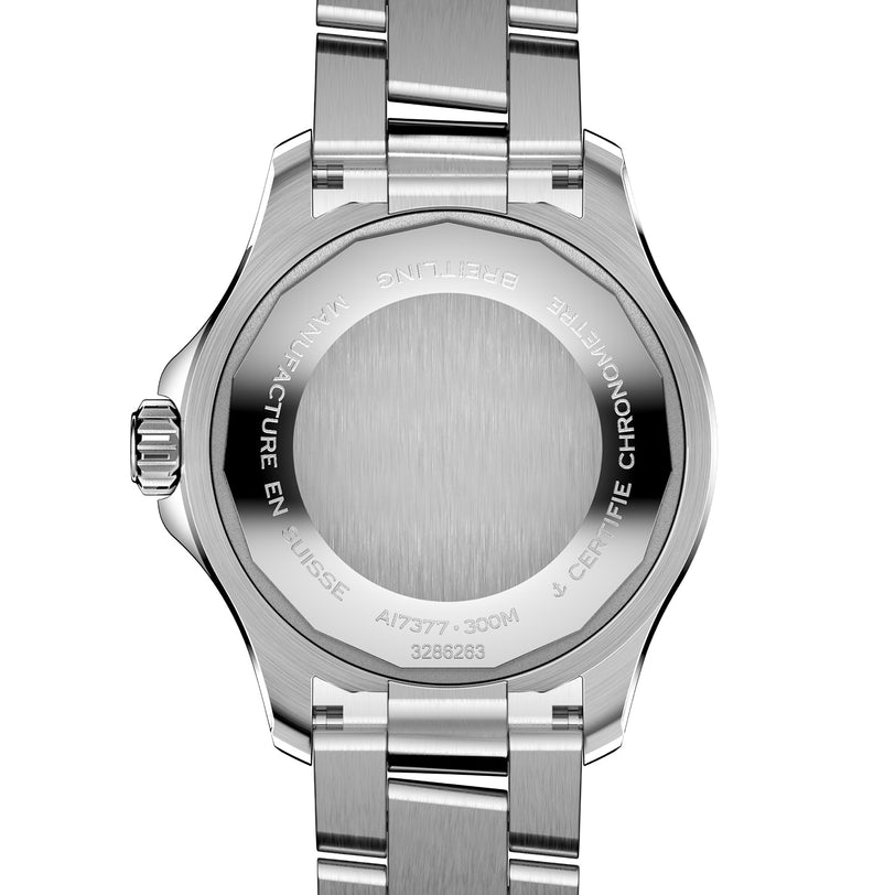 Back view of the Breitling Superocean Automatic 36, featuring a stainless steel case with engraved text on the brushed case back and a metal bracelet.