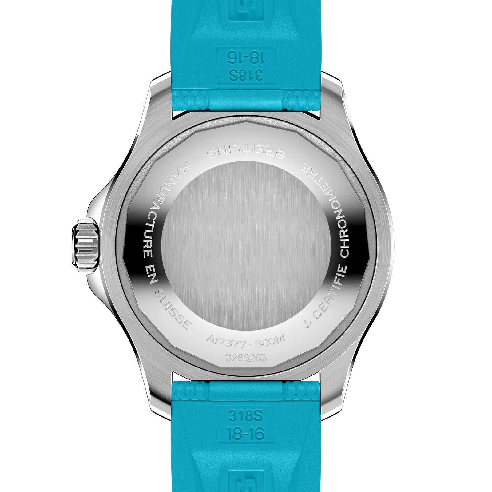 The case back of the Breitling Superocean Automatic 36 diving watch features engraved text, a brushed stainless steel center, blue rubber strap, and subtle hints of its ceramic-inlaid bezel.