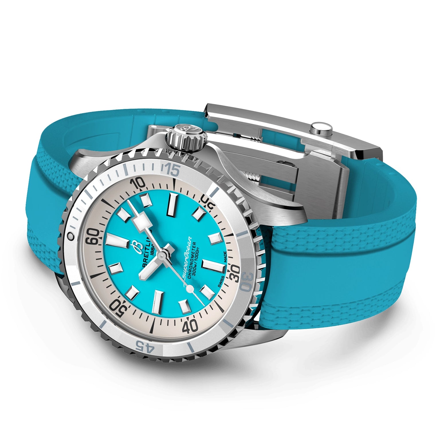 The Breitling Superocean Automatic 36 is a silver diving watch with a bright turquoise dial, matching rubber strap, large hour markers, and a ceramic inlayed rotating bezel.
