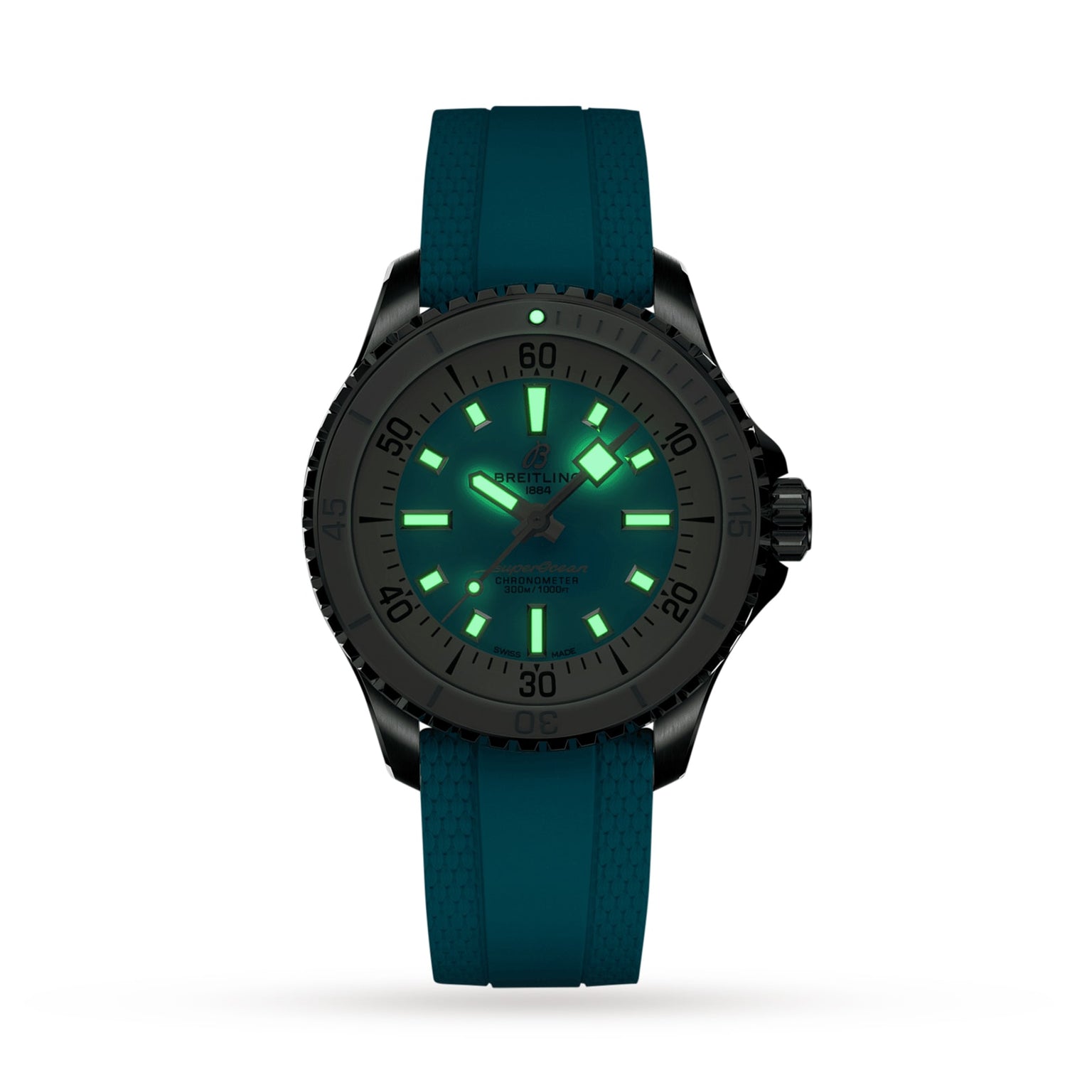 The Breitling Superocean Automatic 36 features a teal rubber strap, glowing green markers and hands, and a ceramic-inlaid bezel, all showcased against a plain white background.