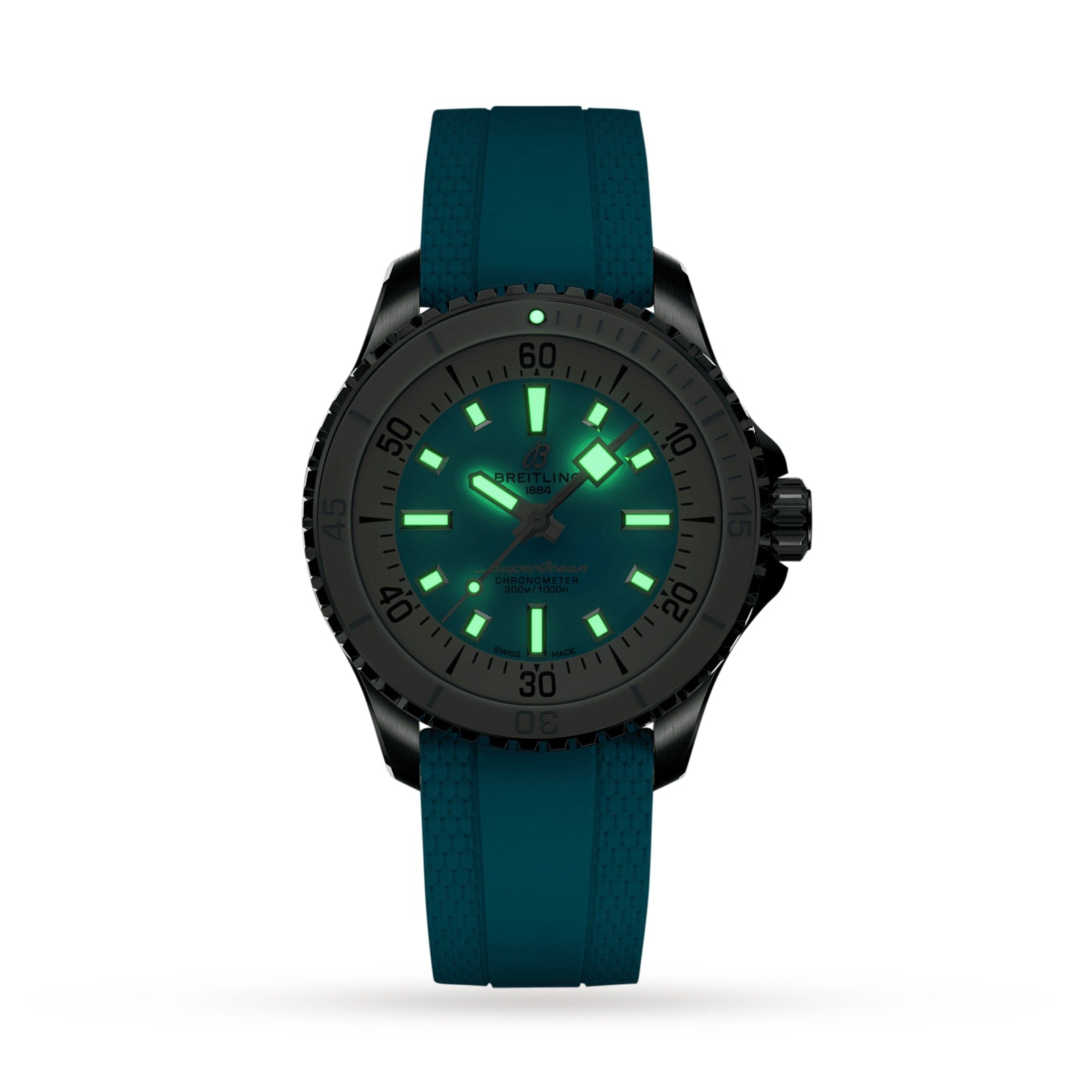 The Breitling Superocean Automatic 36 features a teal rubber strap, glowing green markers and hands, and a ceramic-inlaid bezel, all showcased against a plain white background.