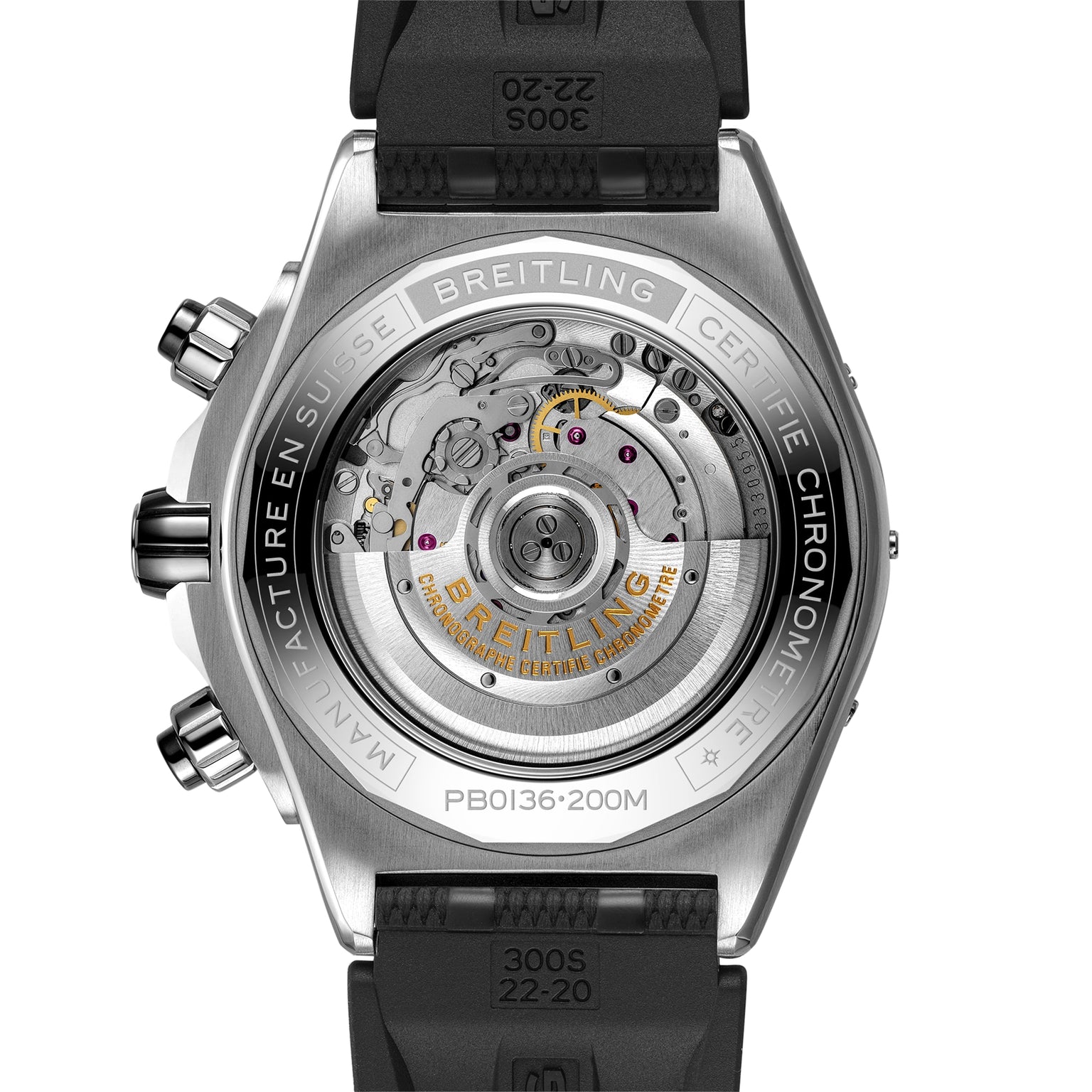 Close-up of the back of the Breitling Super Chronomat B01 44, revealing its visible mechanical chronograph movement, engraved branding, technical case details, and signature Rouleaux strap.