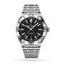 The Breitling Chronomat Automatic GMT 40 is a stainless steel wristwatch with a black dial, date display, silver bezel, red-tipped GMT hand, sturdy metal bracelet, and Breitling 32 calibre, shown on a plain white background.