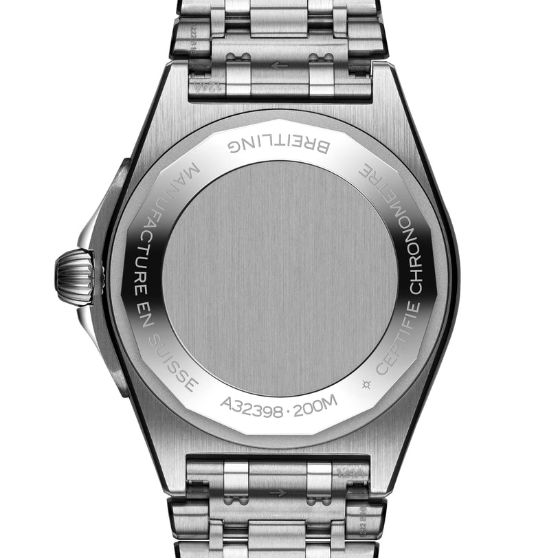 Back view of the Breitling Chronomat Automatic GMT 40 in stainless steel, showing brand engraving, model number A32398, 200M water resistance, metal bracelet, and precision of the Breitling 32 calibre.