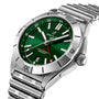 The Breitling Chronomat Automatic GMT 40 is a stainless steel wristwatch featuring a vibrant emerald dial, silver hour markers, red-accented GMT functionality, date display, and a sleek metal link bracelet.